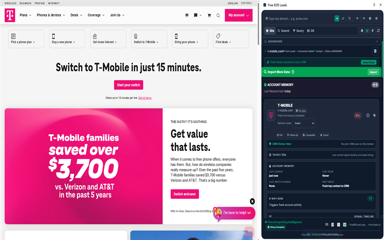 Chrome Extension — Company Dashboard showing Fiserv with 80% lead score, industry, revenue, and contacts
