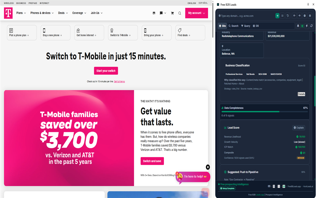 Chrome Extension — Push Actions showing Smart Push, Push to Cockpit, Push to Hunt Leads, Watch Domain, and CPS